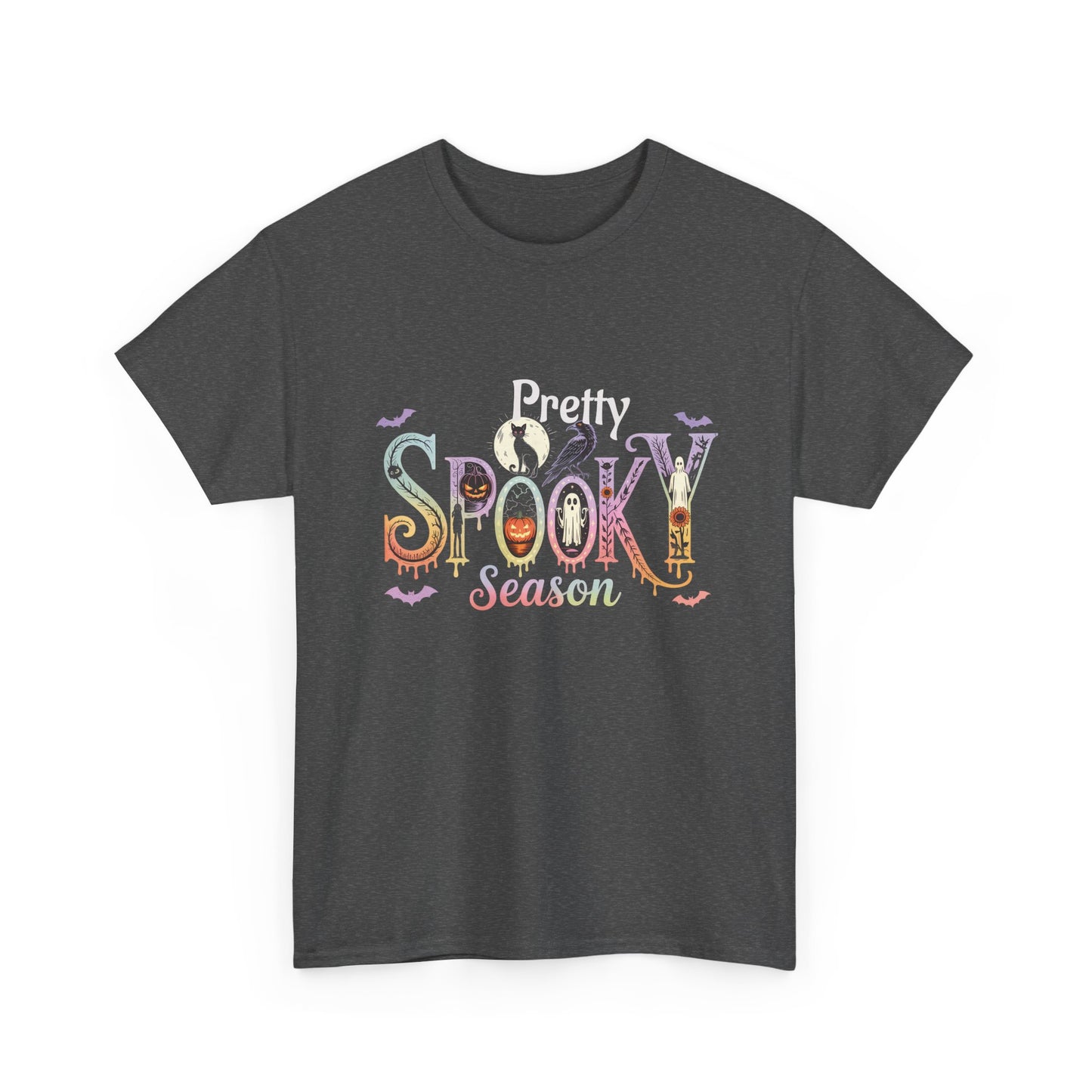 Pretty Spooky Season Tee, Halloween Shirt, Festive Tee, Ghosts & Pumpkins, Fall Wardrobe Essential-Unisex Heavy Cotton Tee -