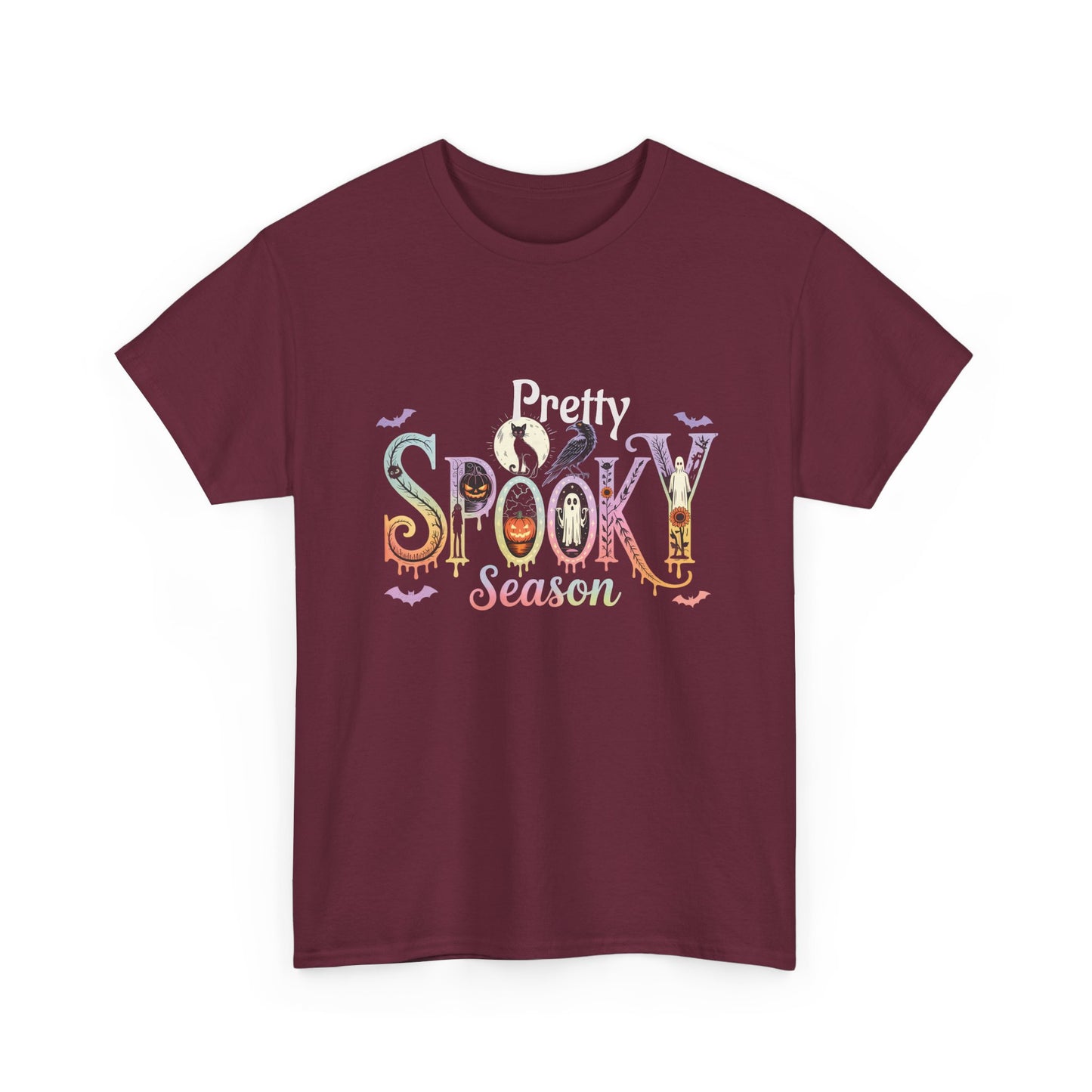 Pretty Spooky Season Tee, Halloween Shirt, Festive Tee, Ghosts & Pumpkins, Fall Wardrobe Essential-Unisex Heavy Cotton Tee -