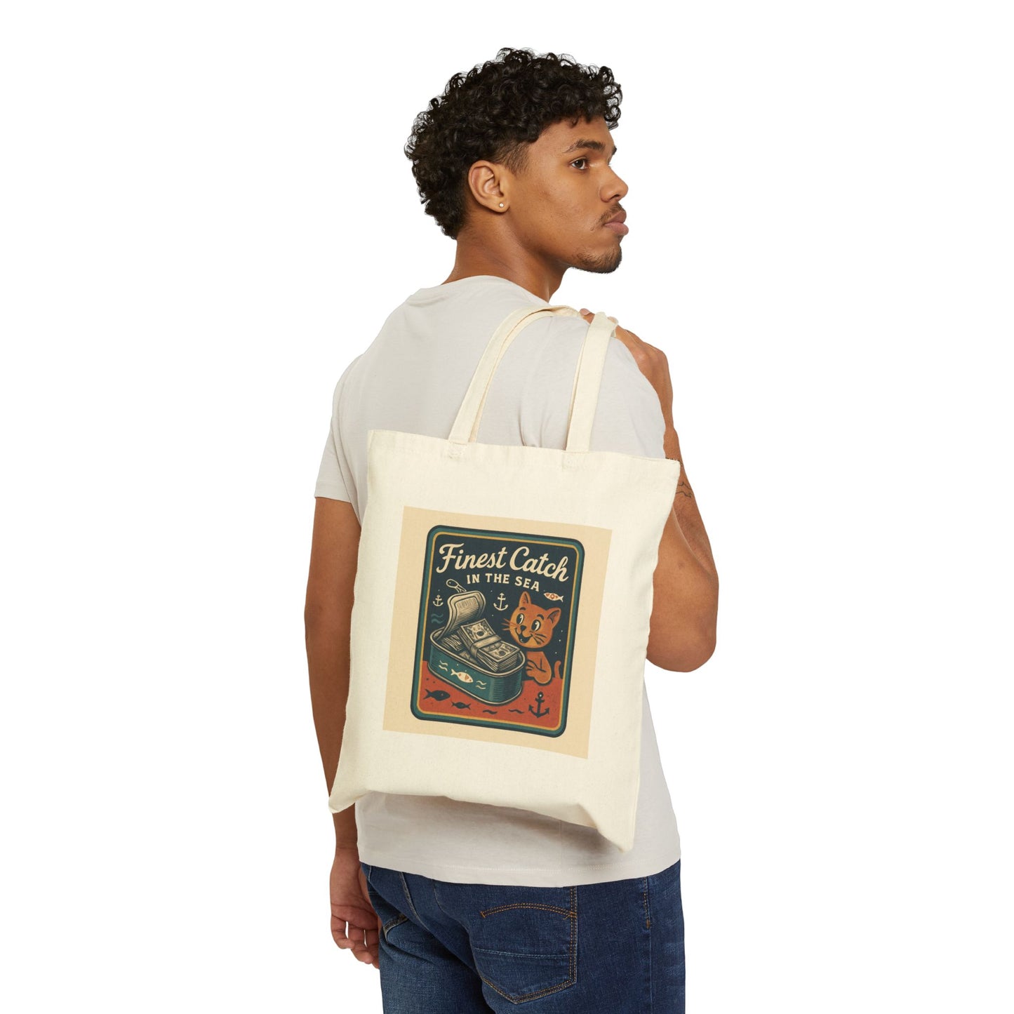 Cat Money Food Fishing Tee Canvas Tote Bag