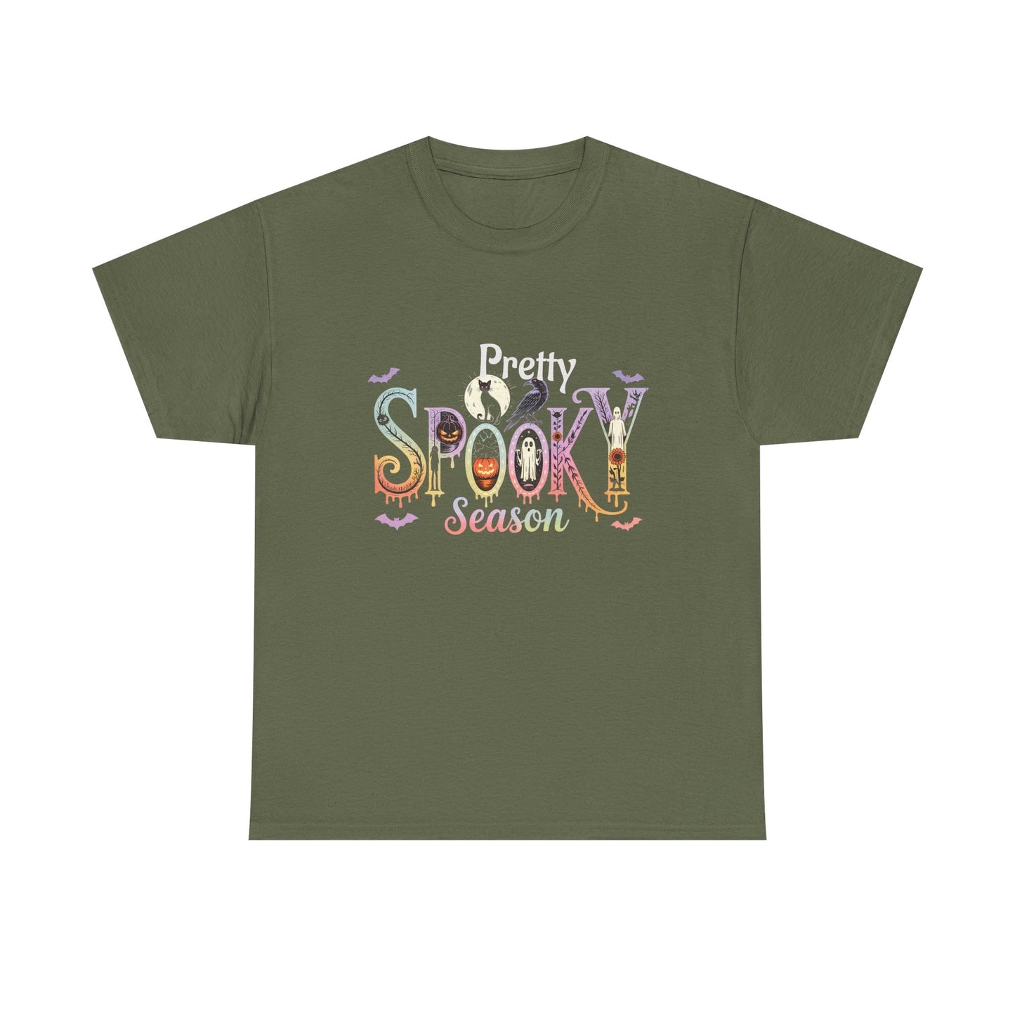 Pretty Spooky Season Tee, Halloween Shirt, Festive Tee, Ghosts & Pumpkins, Fall Wardrobe Essential-Unisex Heavy Cotton Tee -