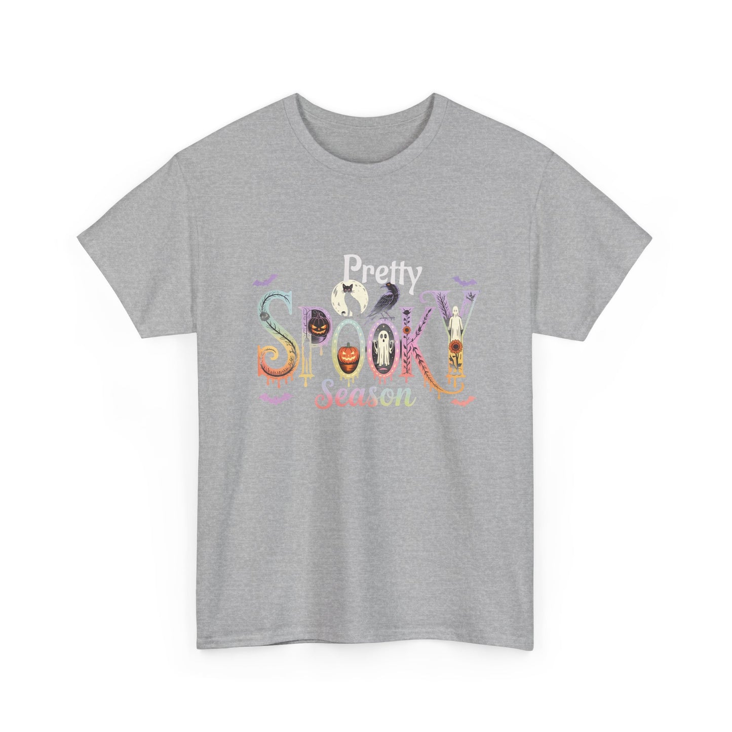 Pretty Spooky Season Tee, Halloween Shirt, Festive Tee, Ghosts & Pumpkins, Fall Wardrobe Essential-Unisex Heavy Cotton Tee -