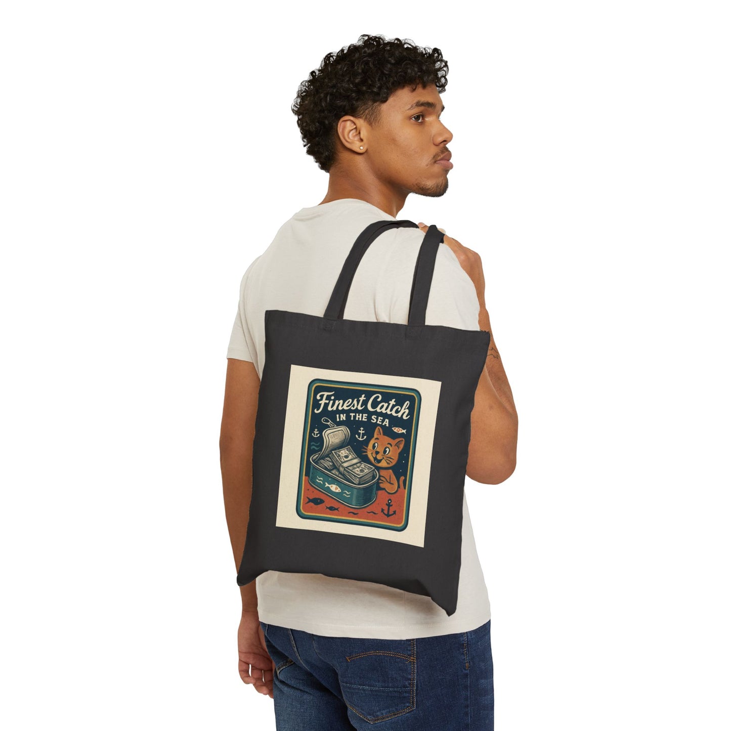 Cat Money Food Fishing Tee Canvas Tote Bag