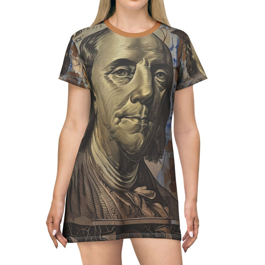 Stylish Benjamin Franklin T-Shirt Dress, Casual Dress, Unique Graphic Dress, Statement Tee Dress, Gift for History Lovers, Vintage Fashion
