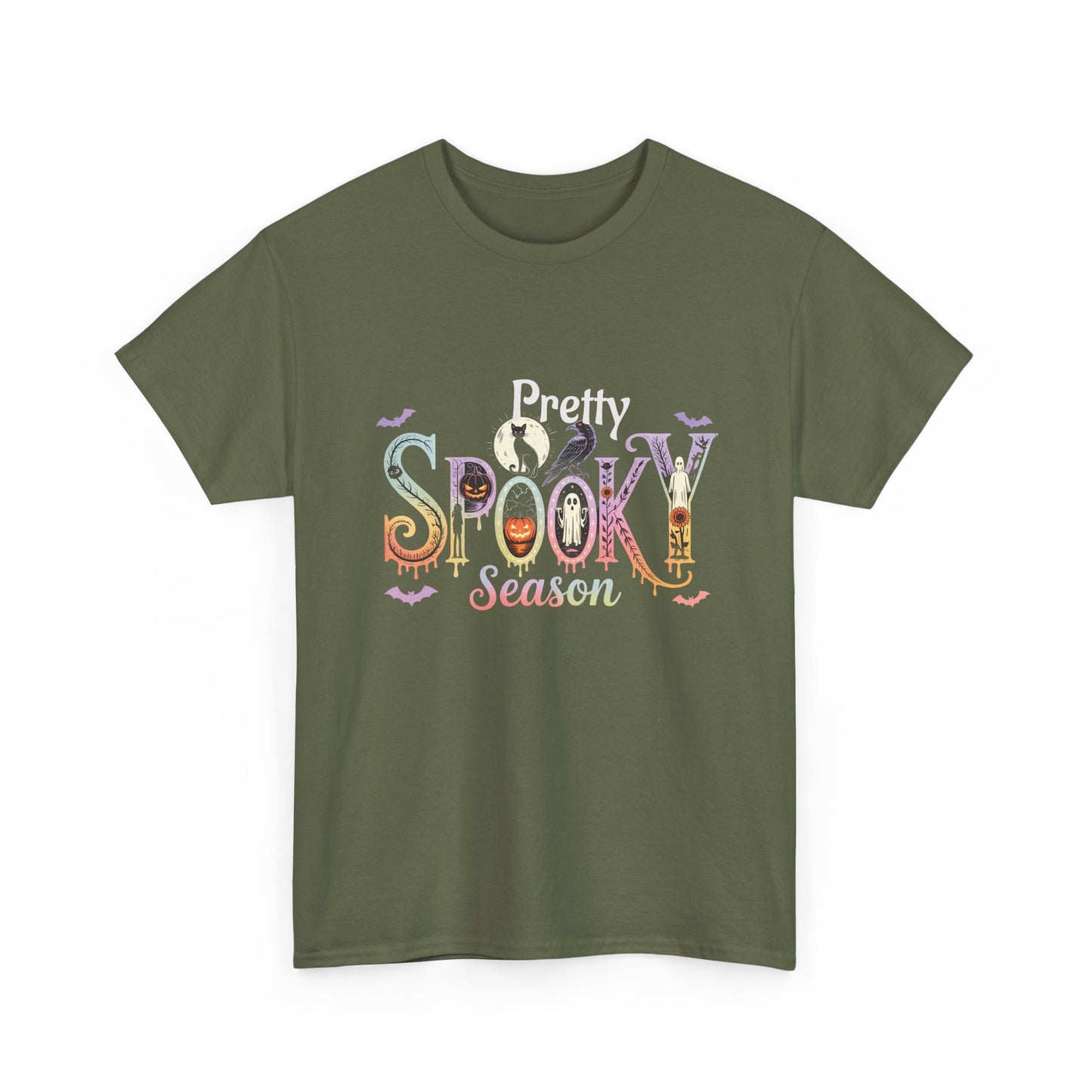 Pretty Spooky Season Tee, Halloween Shirt, Festive Tee, Ghosts & Pumpkins, Fall Wardrobe Essential-Unisex Heavy Cotton Tee -