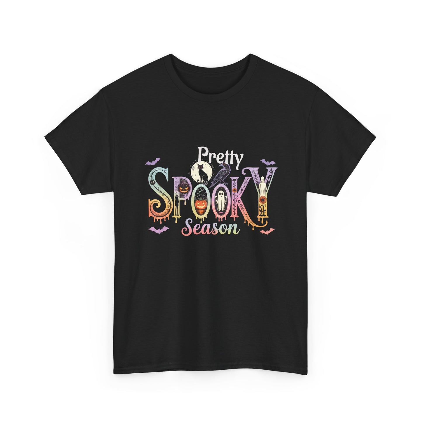 Pretty Spooky Season Tee, Halloween Shirt, Festive Tee, Ghosts & Pumpkins, Fall Wardrobe Essential-Unisex Heavy Cotton Tee -
