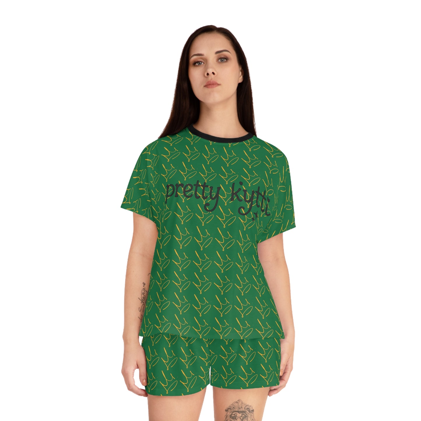 Cozy Women's Pajama Set - Green Crown Print | Gift for Relaxation, Home Lounge, Sleepwear, Summer Nights, Brunch Outfits