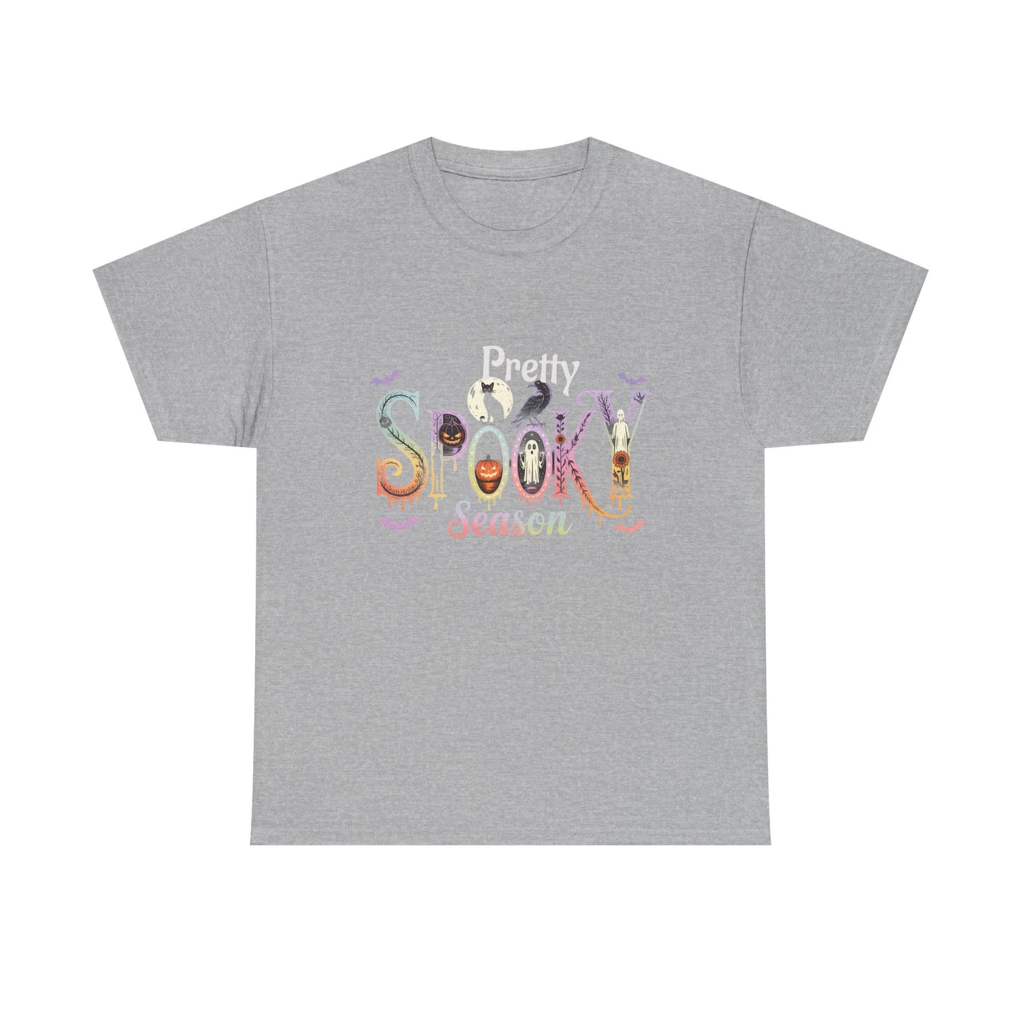 Pretty Spooky Season Tee, Halloween Shirt, Festive Tee, Ghosts & Pumpkins, Fall Wardrobe Essential-Unisex Heavy Cotton Tee -
