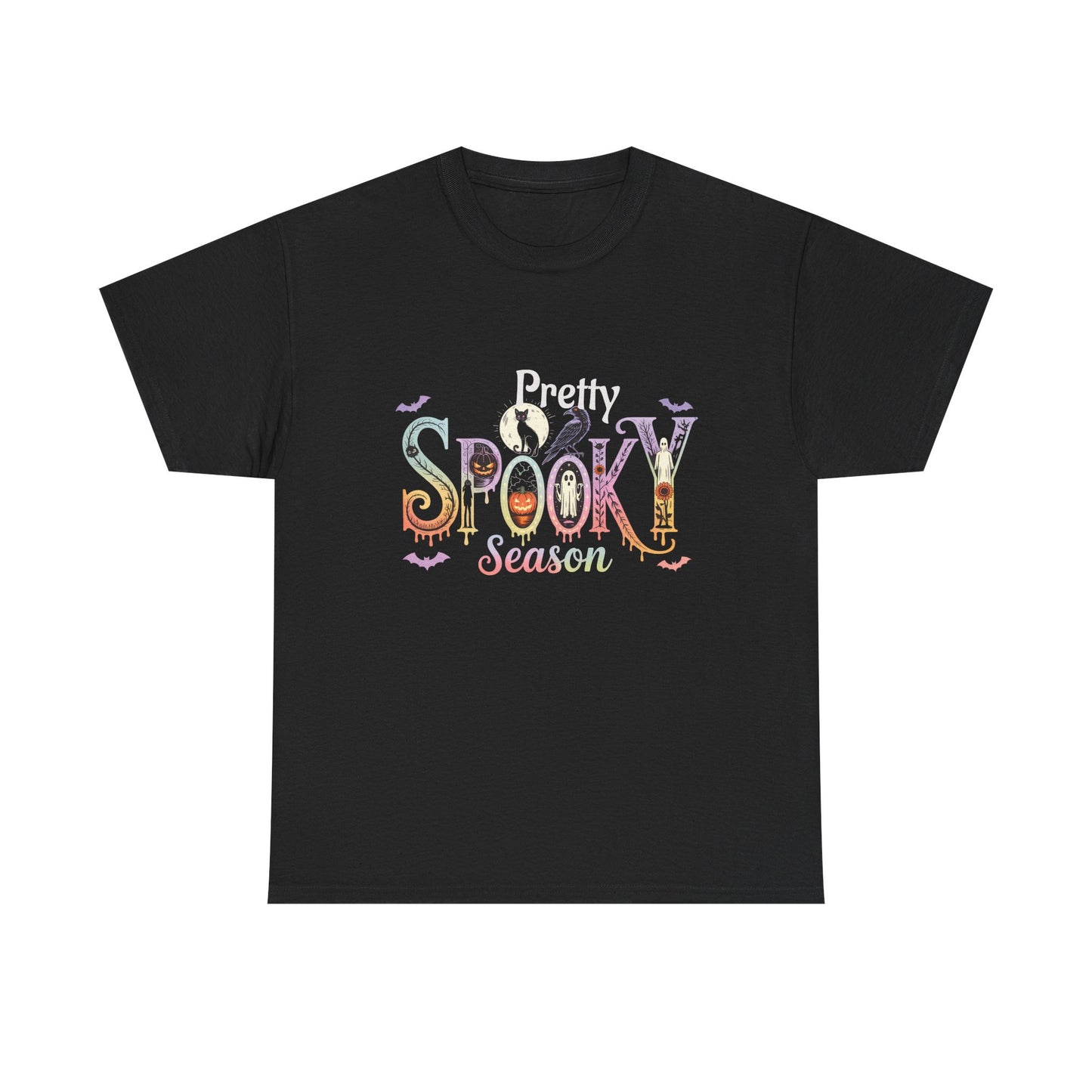 Pretty Spooky Season Tee, Halloween Shirt, Festive Tee, Ghosts & Pumpkins, Fall Wardrobe Essential-Unisex Heavy Cotton Tee -