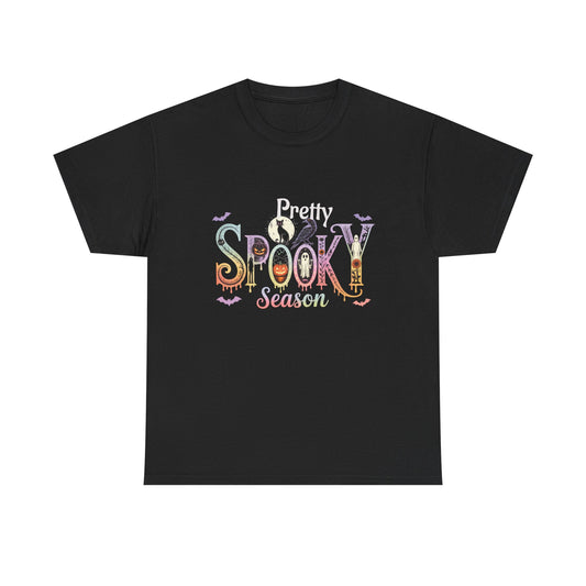 Pretty Spooky Season Tee, Halloween Shirt, Festive Tee, Ghosts & Pumpkins, Fall Wardrobe Essential-Unisex Heavy Cotton Tee -