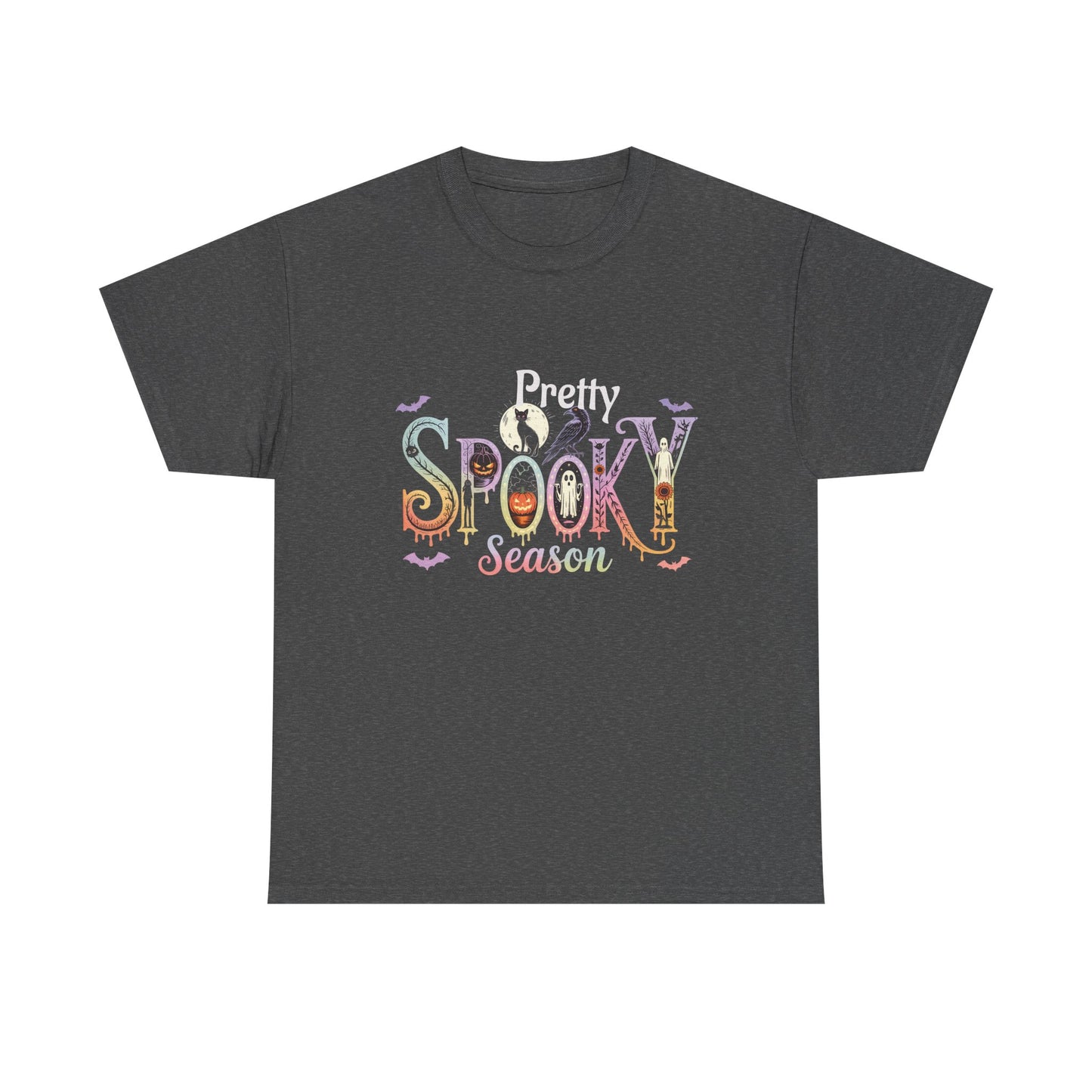 Pretty Spooky Season Tee, Halloween Shirt, Festive Tee, Ghosts & Pumpkins, Fall Wardrobe Essential-Unisex Heavy Cotton Tee -
